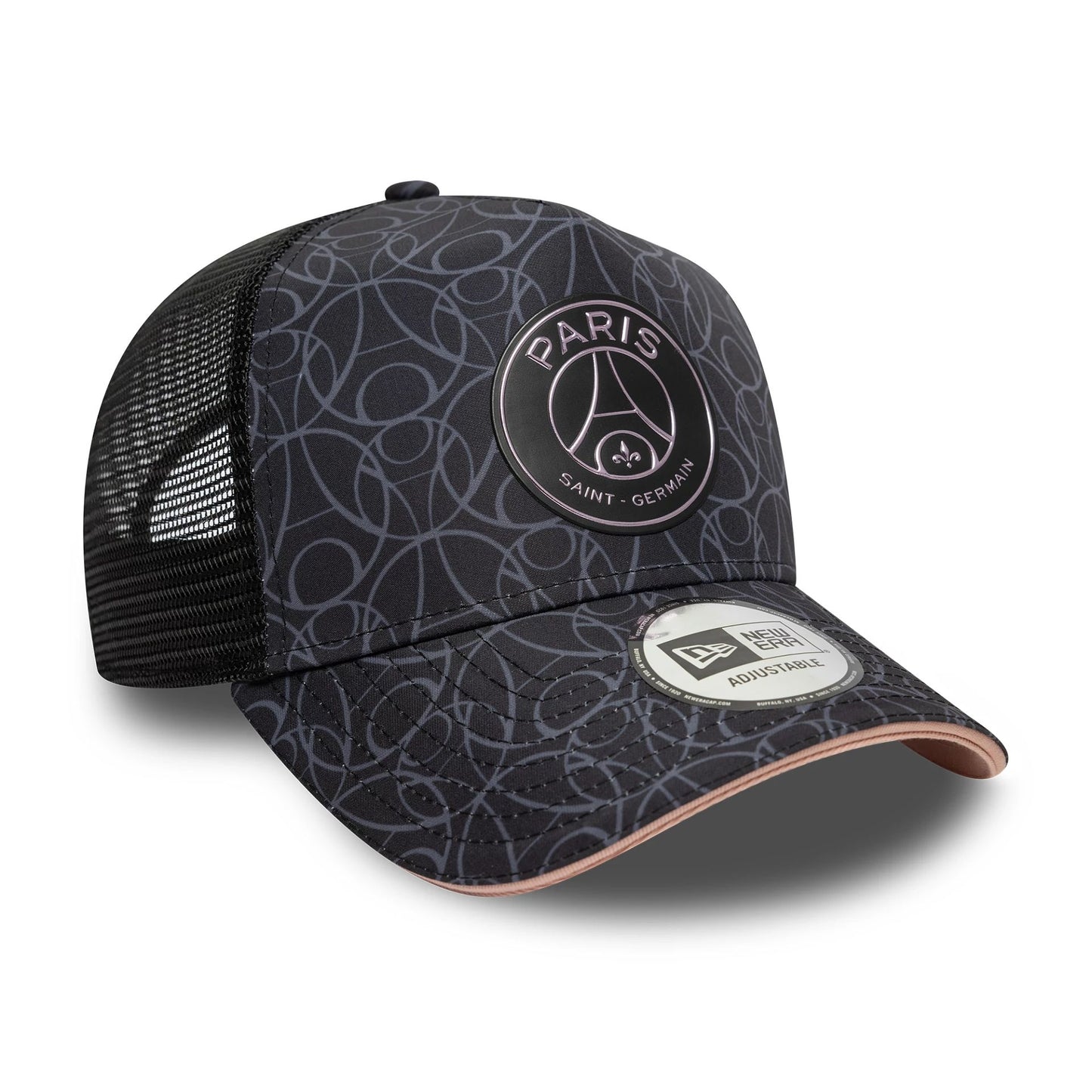 This is a Paris Saint Germain All Over Print Black 9FORTY E-Frame Trucker Adjustable Cap 4