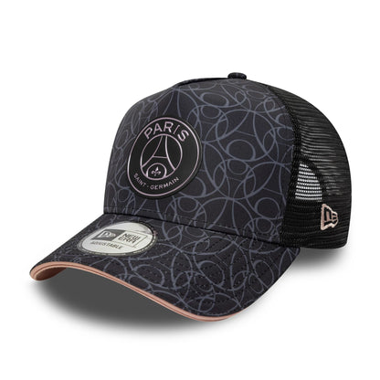 This is a Paris Saint Germain All Over Print Black 9FORTY E-Frame Trucker Adjustable Cap 1