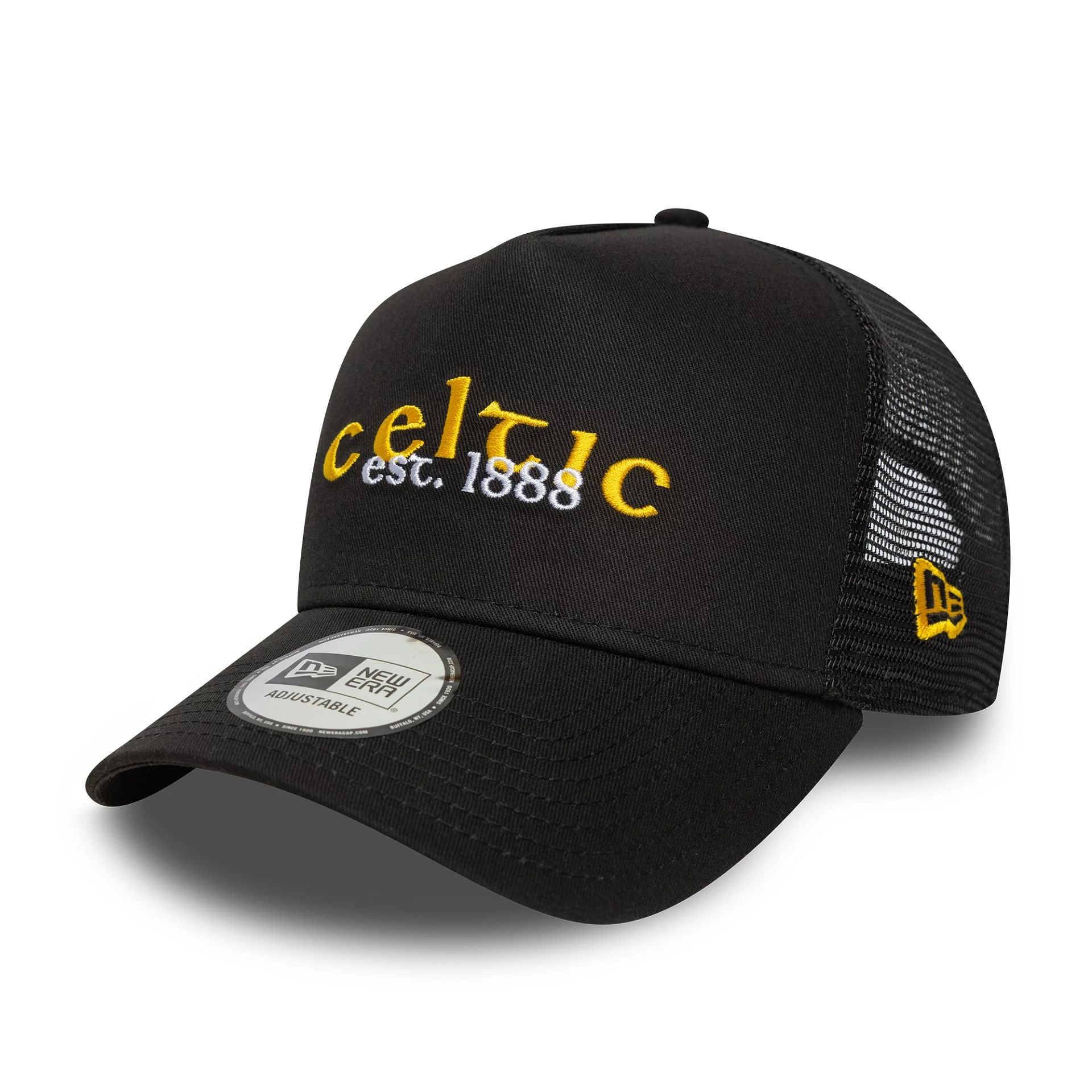 This is a Celtic FC Core Wordmark Black 9FORTY E-Frame Trucker Adjustable Cap 1