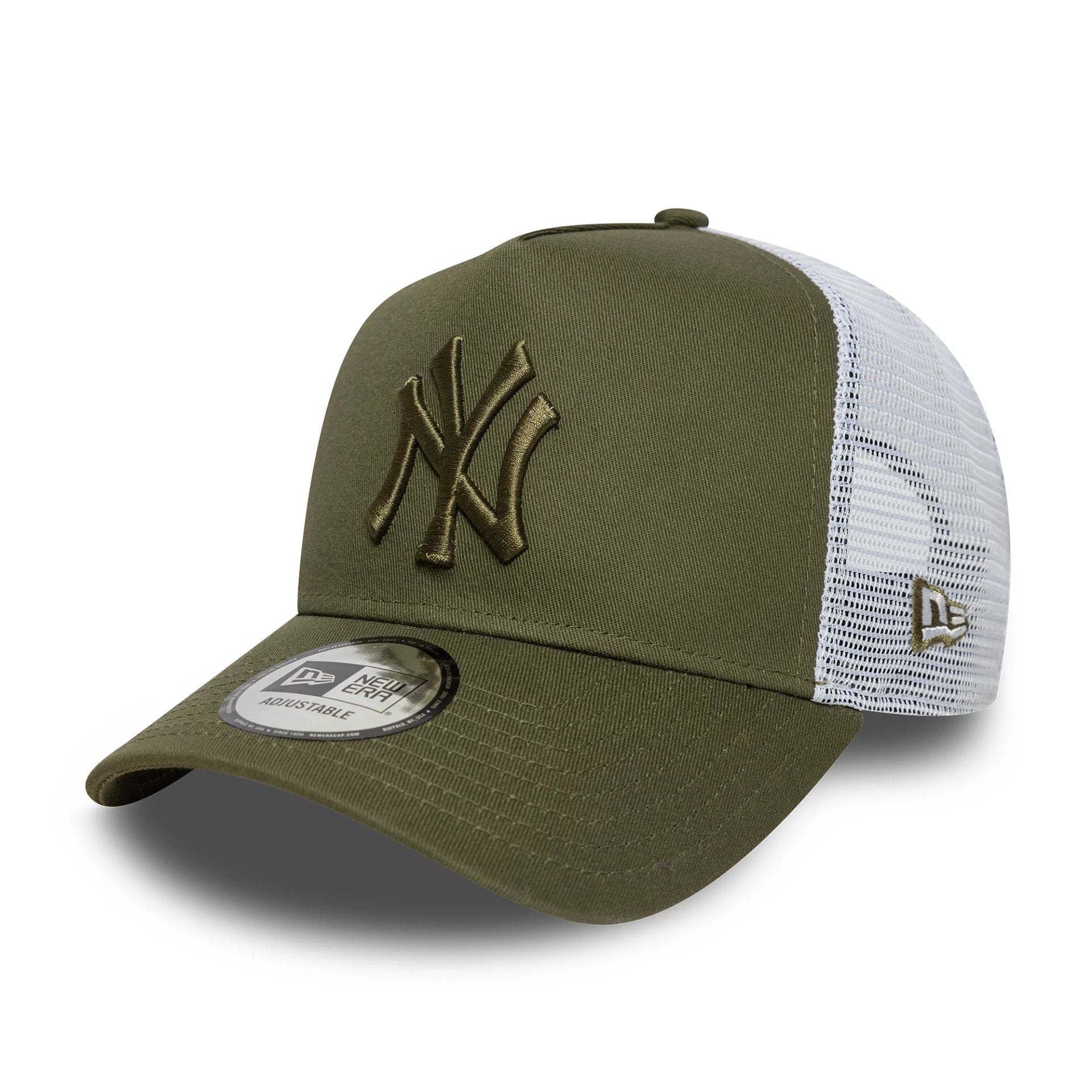 This is a New York Yankees MLB League Essential Dark Green 9FORTY E-Frame Trucker Adjustable Cap 1