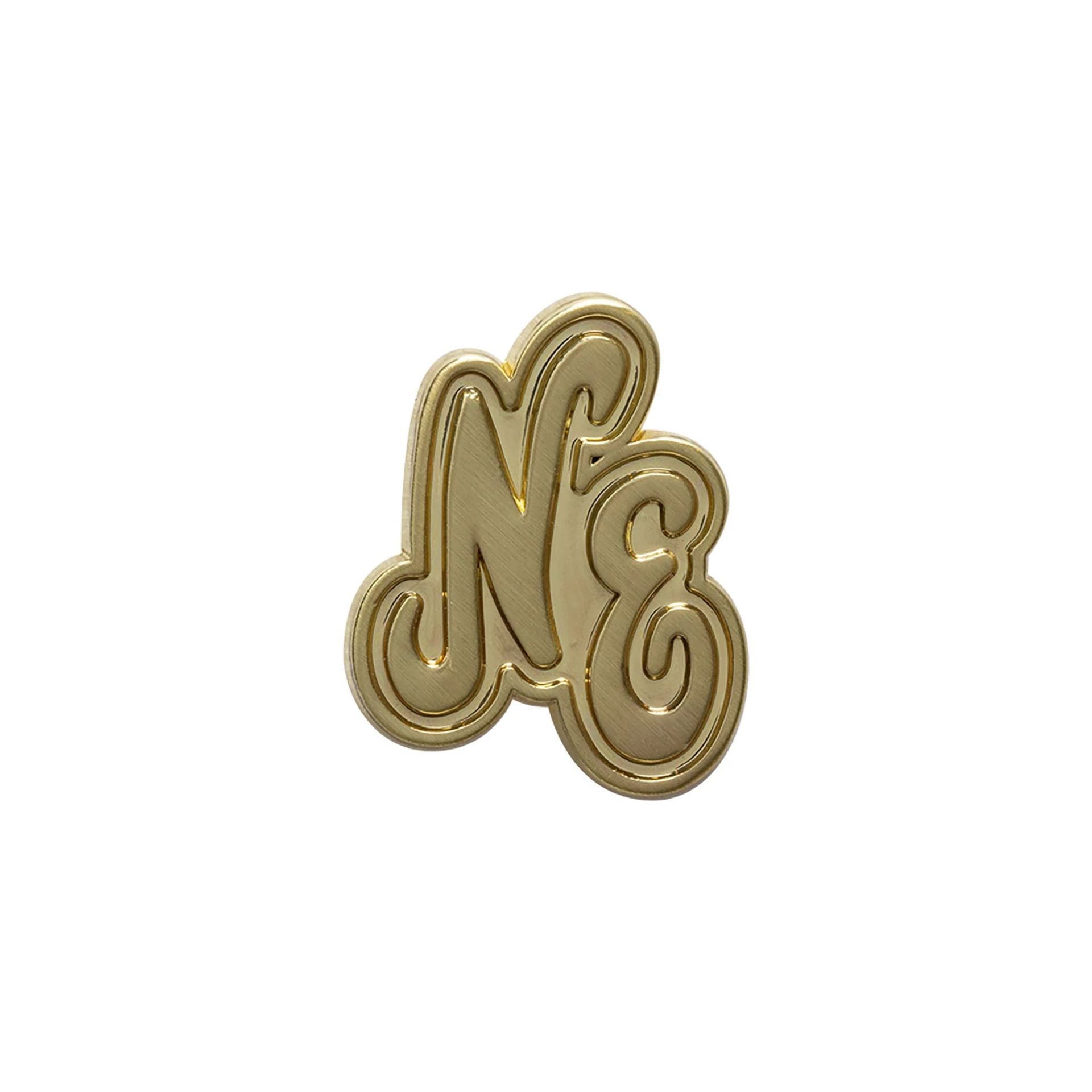 This is a New Era Script Heritage Connect Gold Pin Badge 1