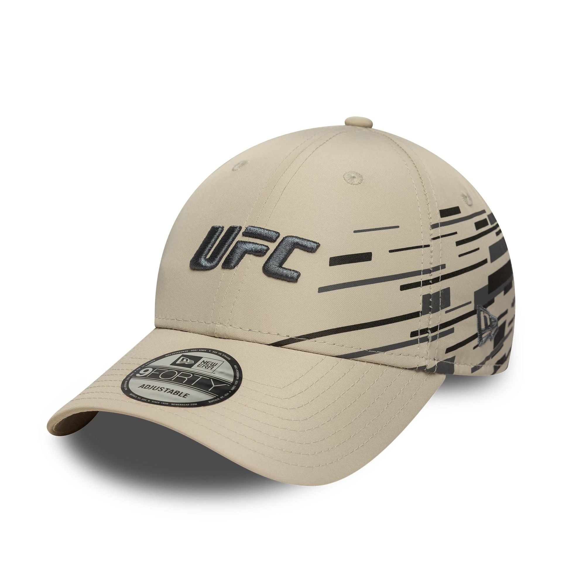 This is a UFC Ultimate Fighting Nylon Side Print Light Beige 9FORTY Adjustable Cap 1