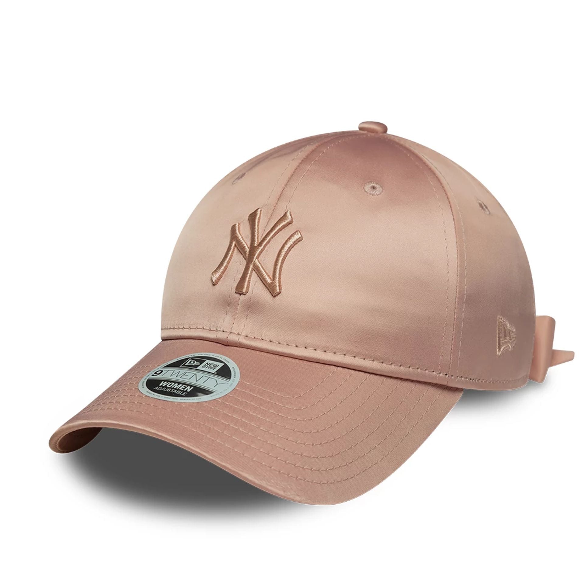 This is a New York Yankees Womens Satin Bow Pastel Pink 9TWENTY Adjustable Cap 1