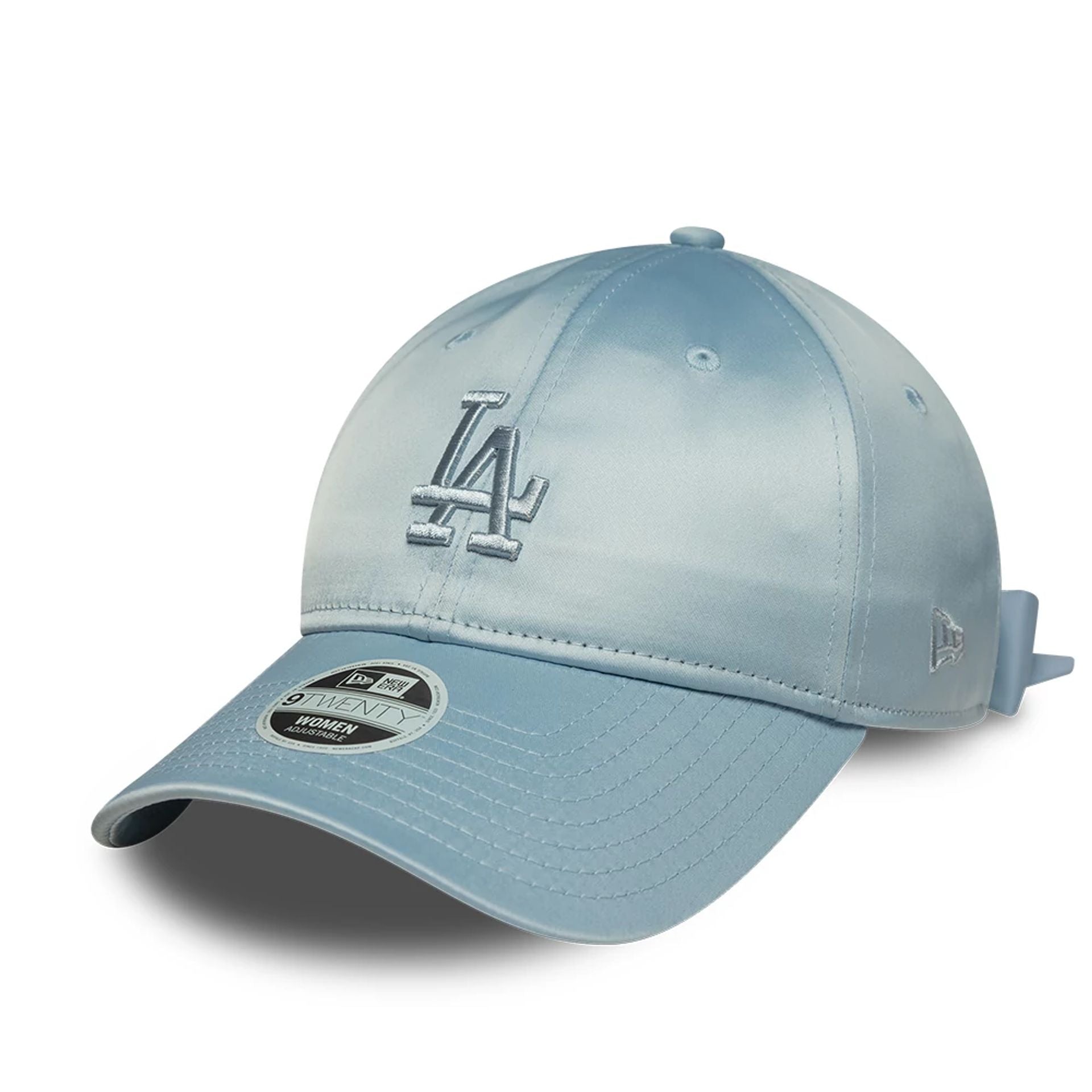 This is a LA Dodgers Womens Satin Bow Pastel Blue 9TWENTY Adjustable Cap 1