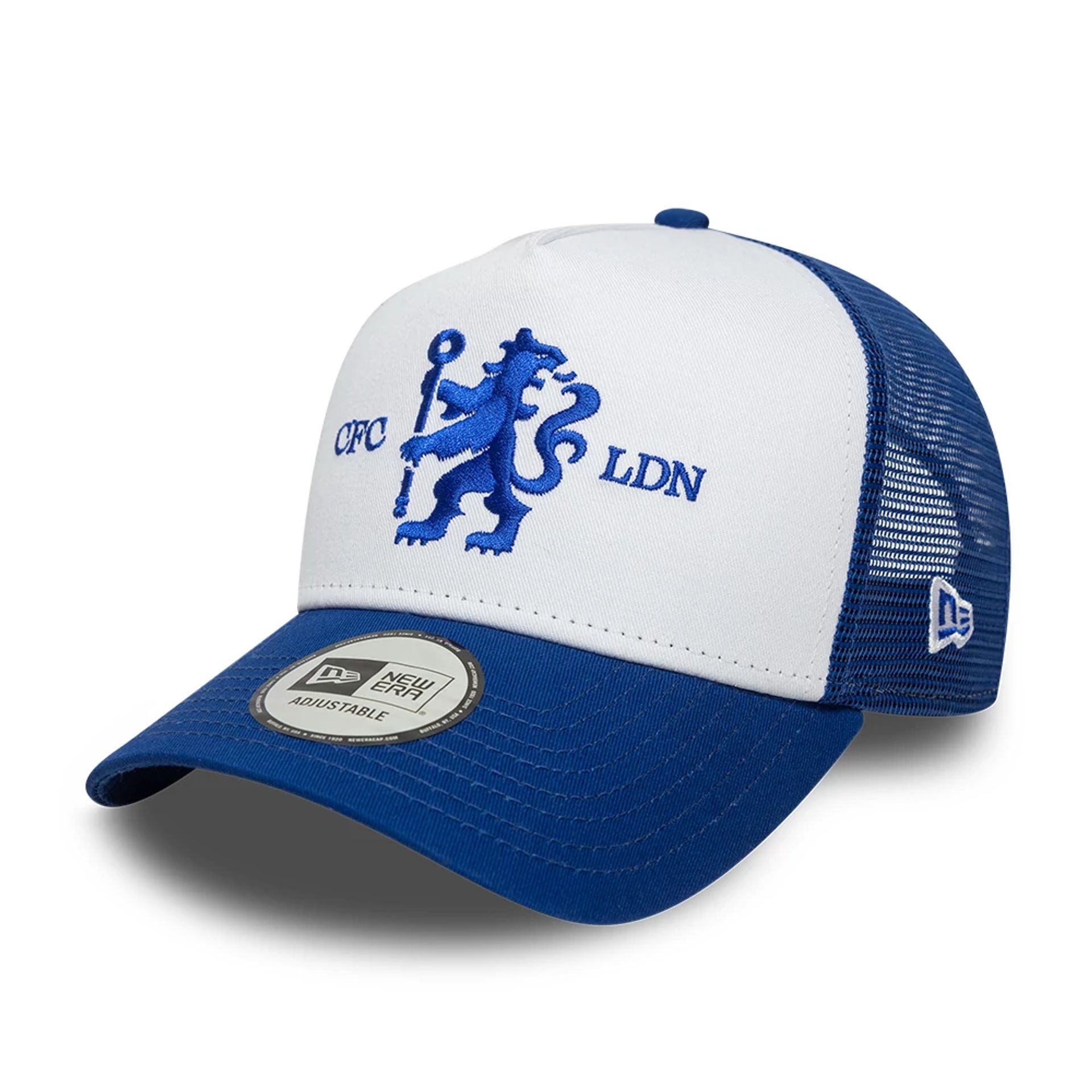 This is a Chelsea FC Lion Crest Wordmark Blue 9FORTY A-Frame Trucker Adjustable Cap 1