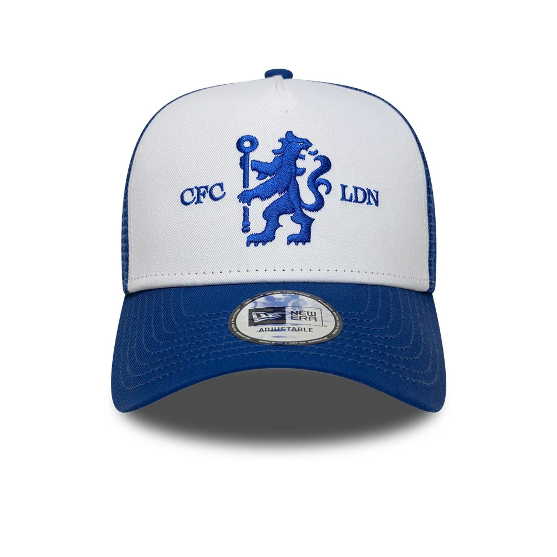 This is a Chelsea FC Lion Crest Wordmark Blue 9FORTY A-Frame Trucker Adjustable Cap 2