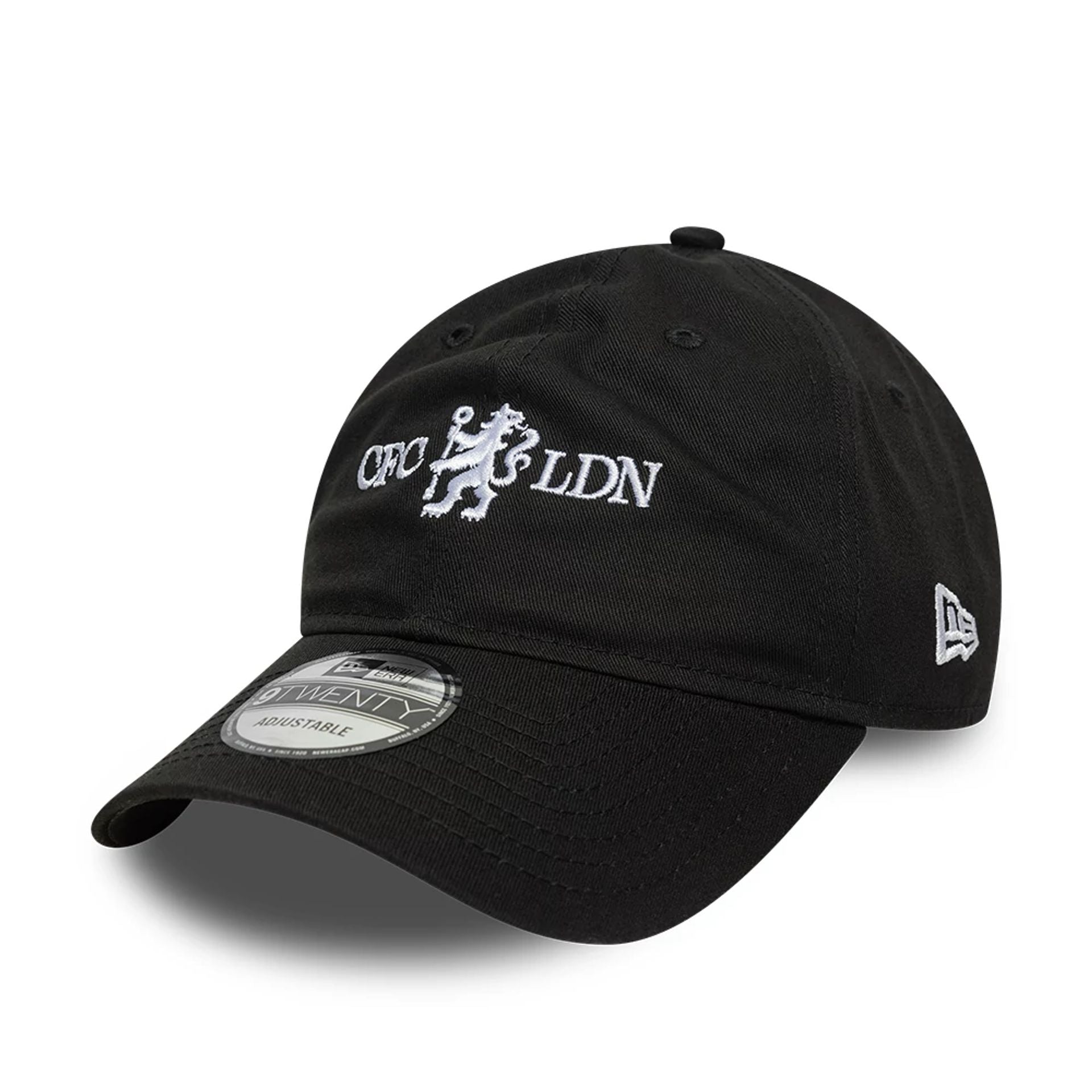 This is a Chelsea FC Lion Crest Wordmark Black 9TWENTY Adjustable Cap 1