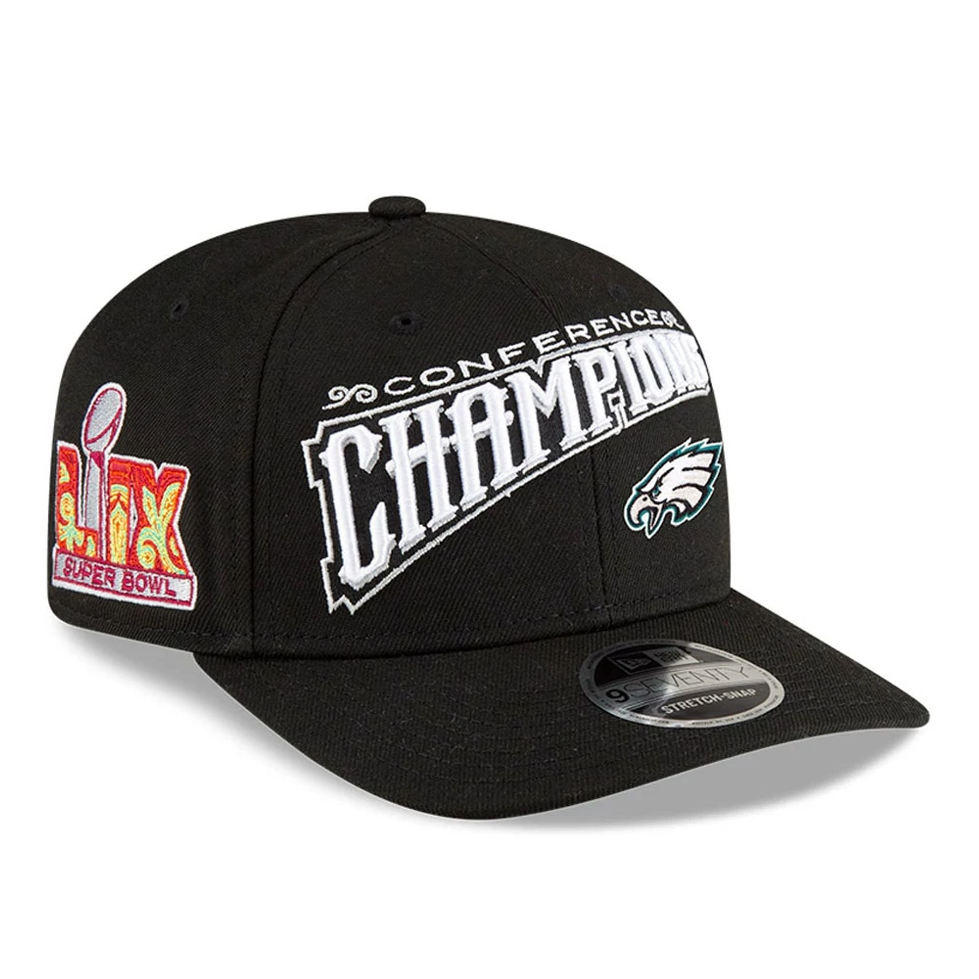 This is a Philadelphia Eagles Super Bowl 2025 Conference Champions Black 9SEVENTY Stretch Snap Adjustable Cap 1