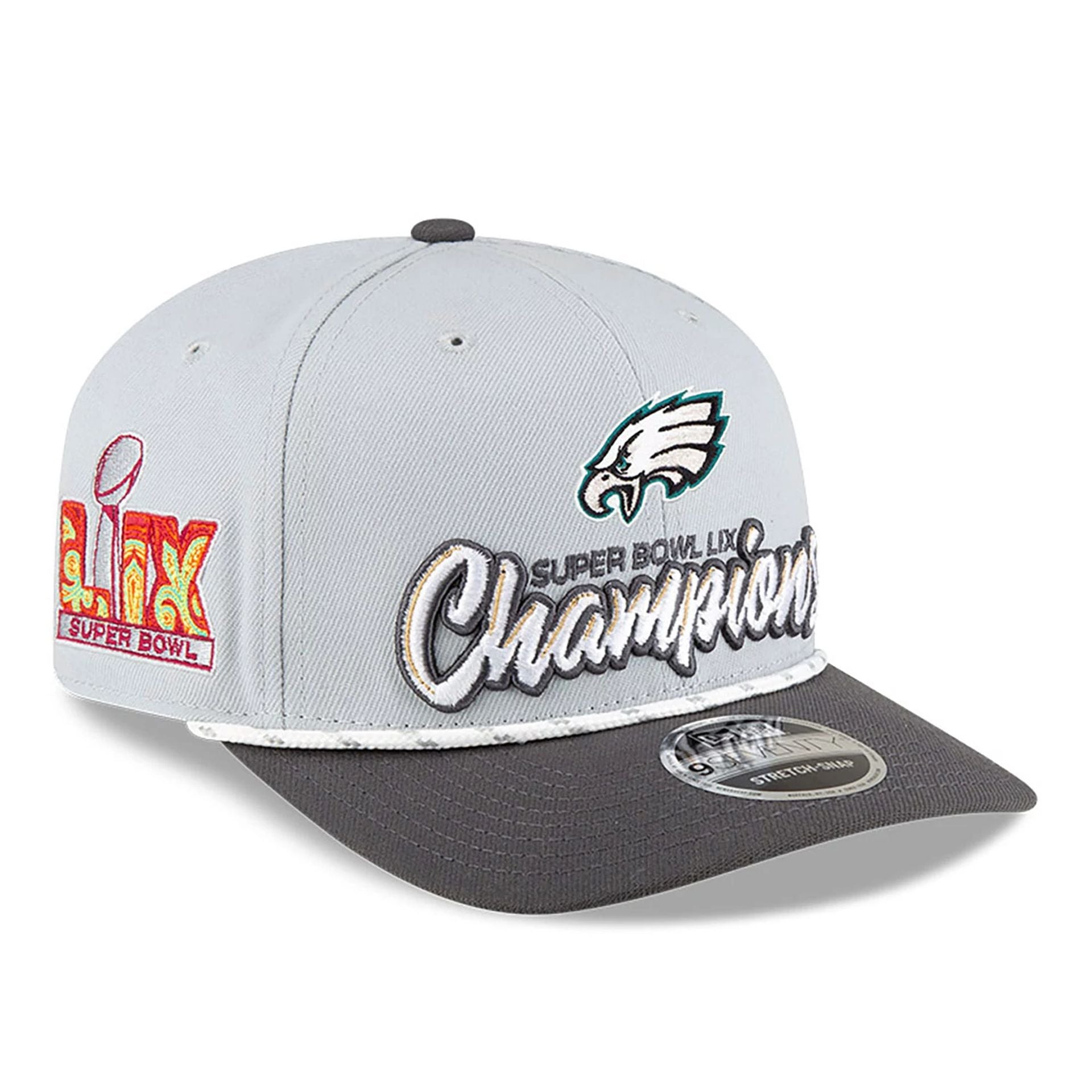 This is a Philadelphia Eagles Super Bowl 2025 Champions Grey 9SEVENTY Stretch Snap Adjustable Cap 1