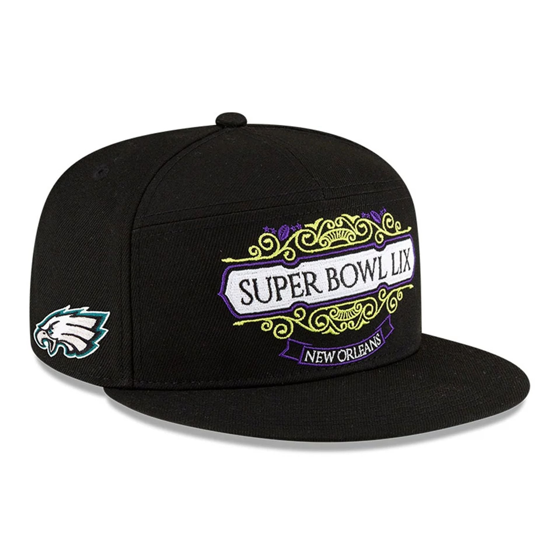 This is a Philadelphia Eagles Super Bowl 2025 On Field Black Split Panel 9FIFTY Snapback Cap 1