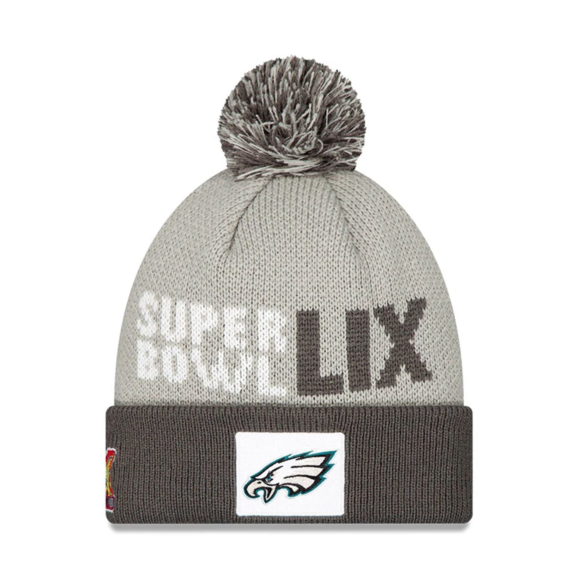 This is a Philadelphia Eagles Super Bowl 2025 On Field Grey Cuff Knit Beanie Hat 1