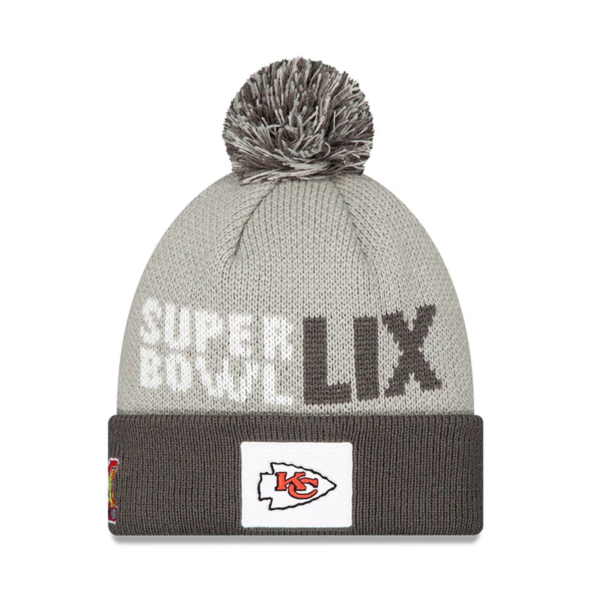 This is a Kansas City Chiefs Super Bowl 2025 On Field Grey Cuff Knit Beanie Hat 1