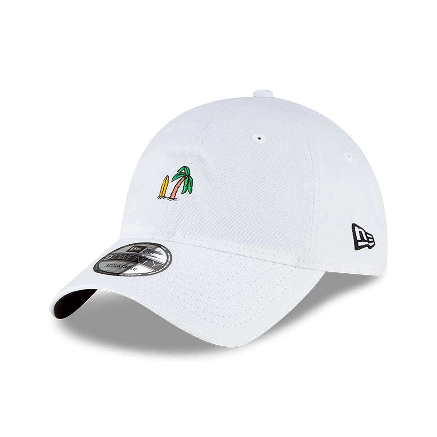 This is a New Era Palm Tree Surf Summer Icons White 9TWENTY Adjustable Cap 1