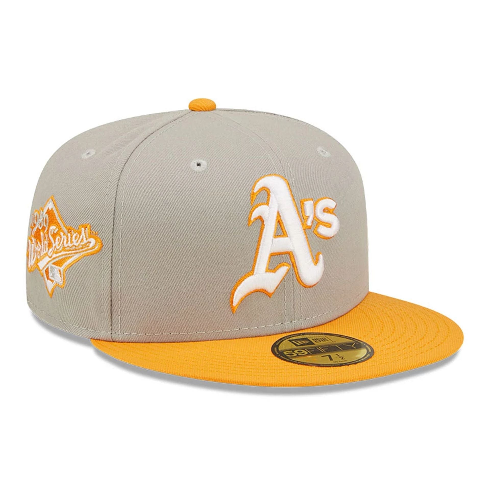 This is a Oakland Athletics Orange Soda Grey 59FIFTY Fitted Cap 1