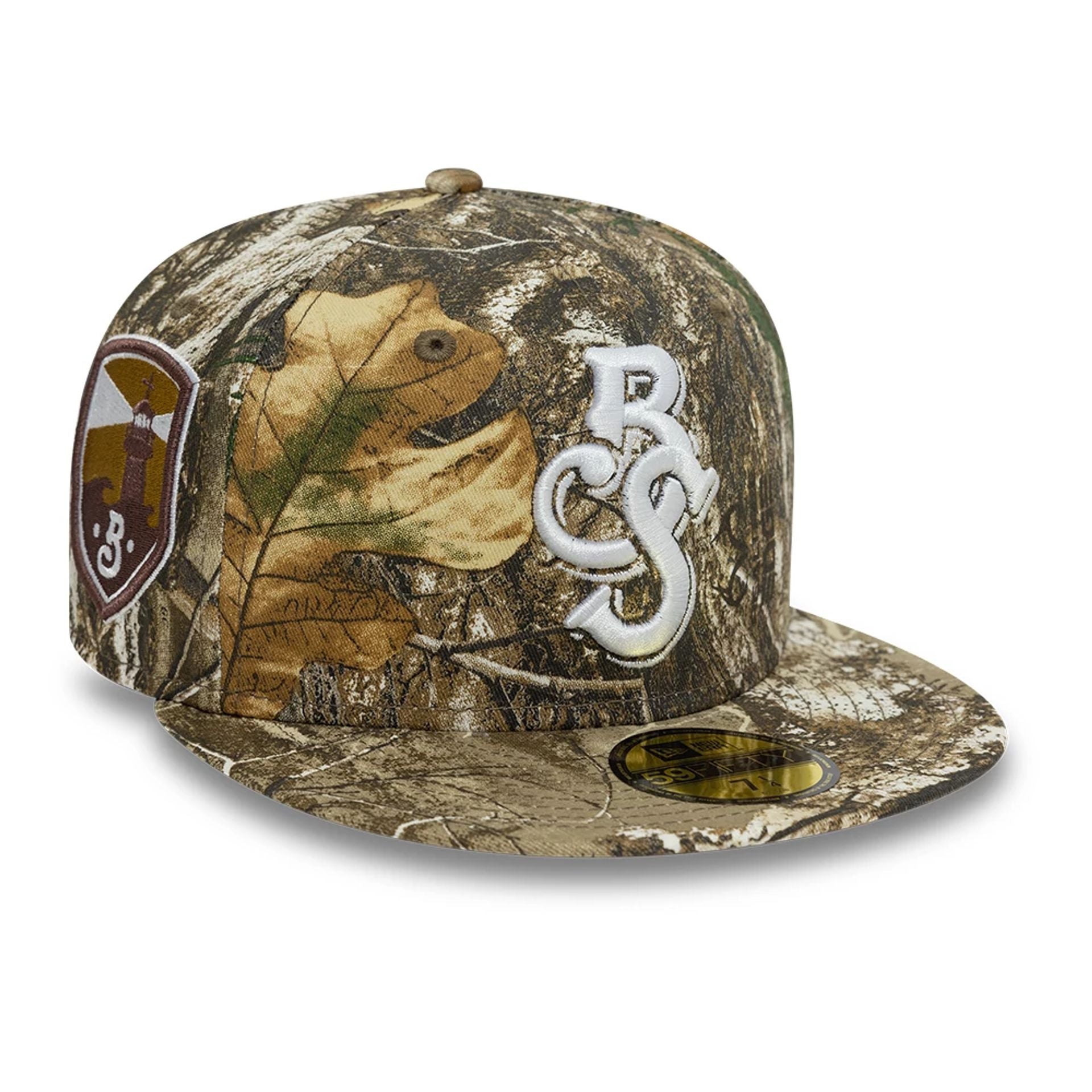 This is a Biloxi Shuckers Real Tree All Over Print Khaki 59FIFTY Fitted Cap 1