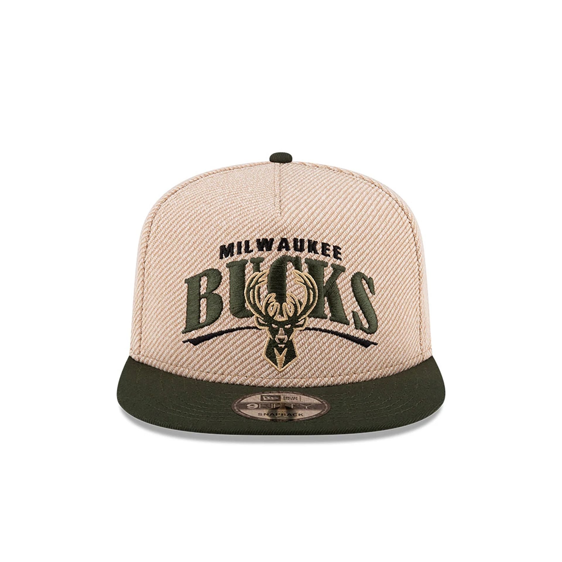 This is a Milwaukee Bucks NBA Terry Heather Tan 9FIFTY A-Frame Snapback Adjustable Cap 4