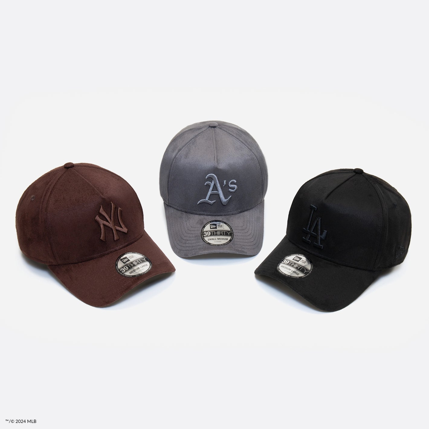 Still photograph of Brown, Grey and Black New Era 39THIRTY suede caps 